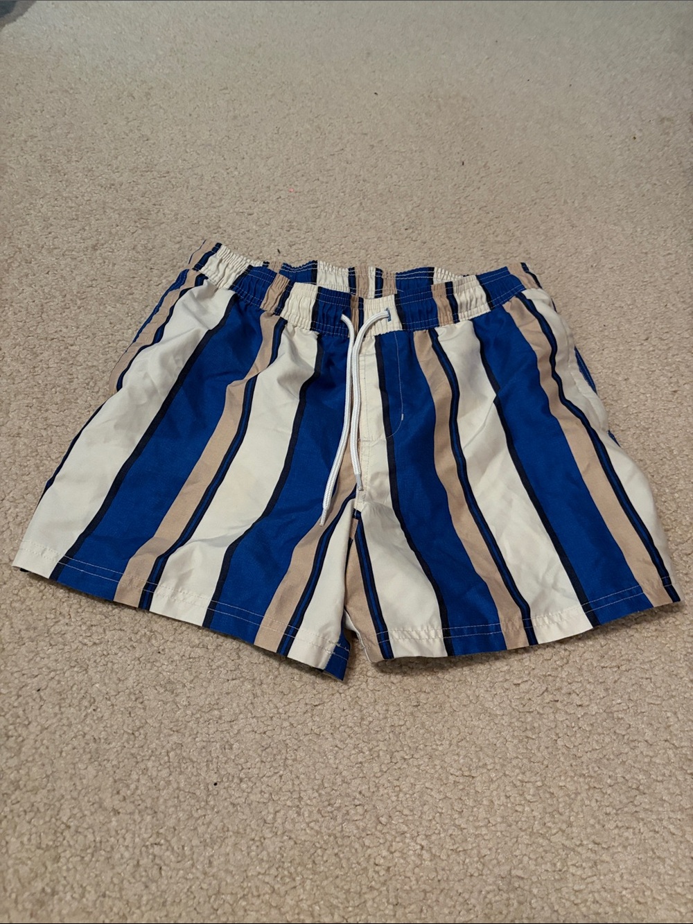 Original Use Blue, White & Tan Striped Men’s Swim Trunks